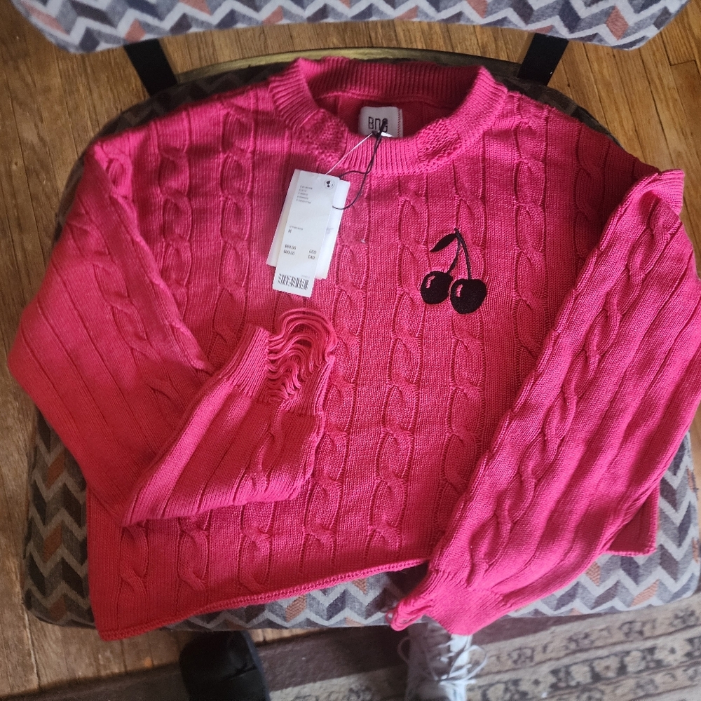 BDG Cherry Embroidered Pink Sweater
